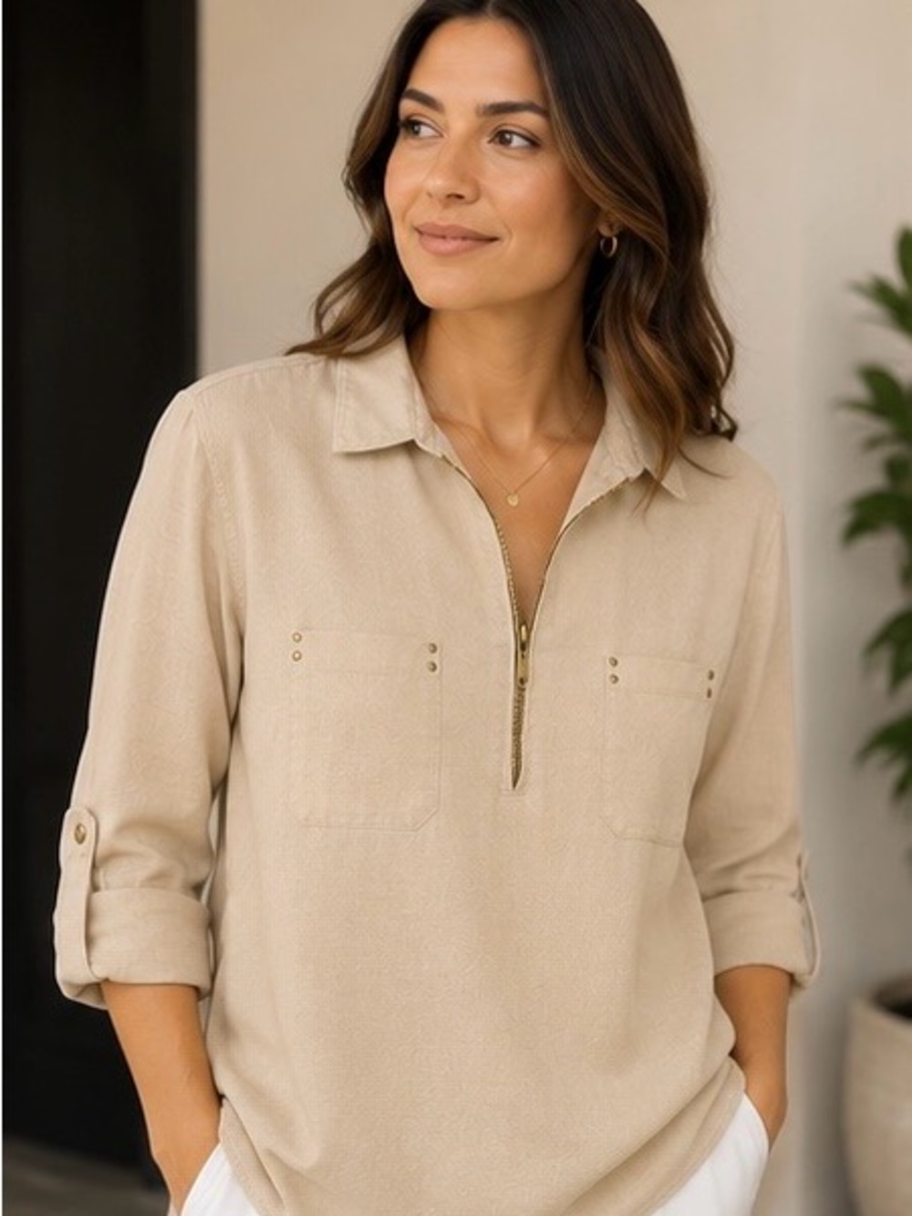 Emily Daniels Linen Blend Half Zip Utility Popover Top Khaki XL